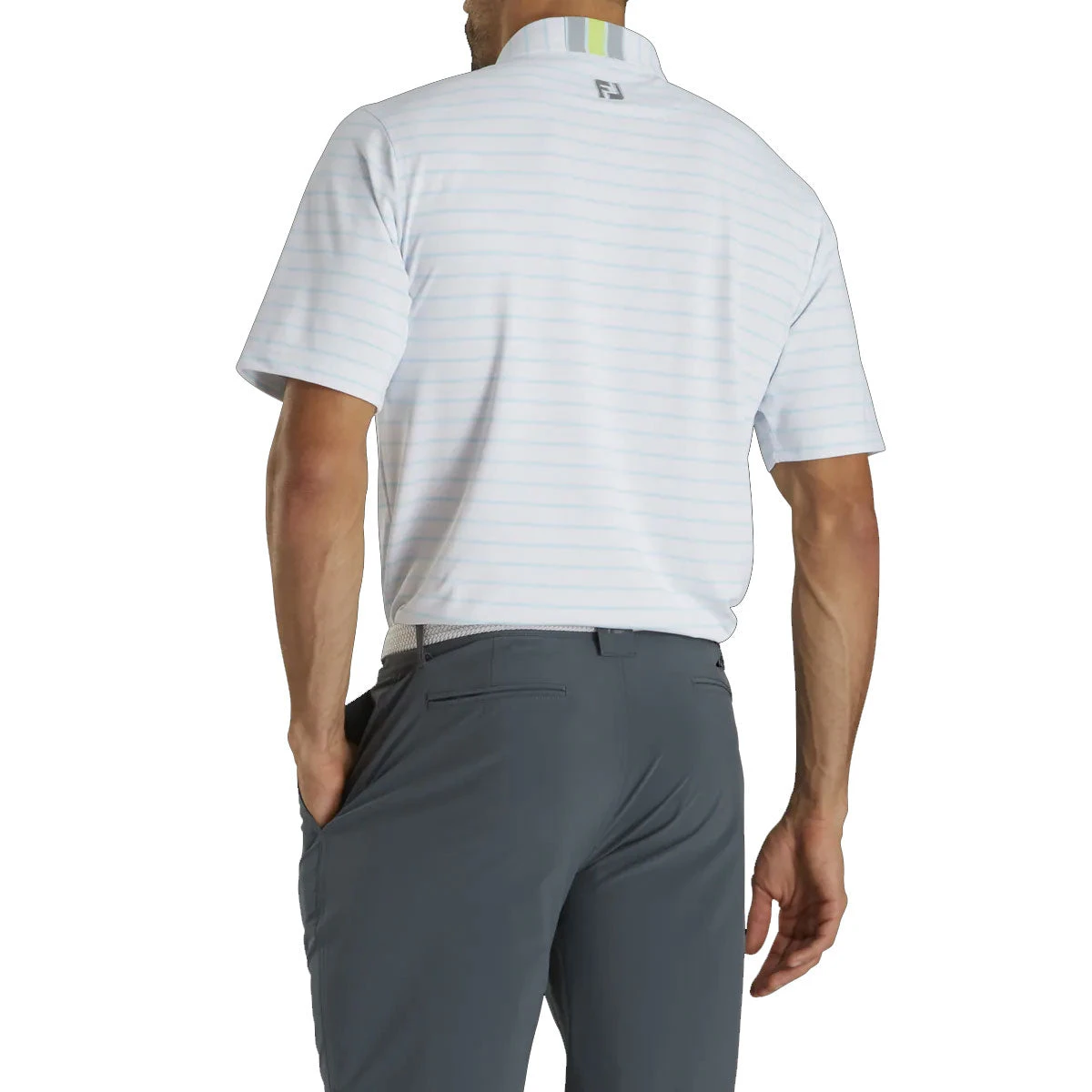 FootJoy Pique Mixed Stripe Self Collar White-Ice Blue Mens Golf Polo 2 FootJoy Pique Mixed Stripe Self Collar White-Ice Blue Mens Golf Polo - Image 2