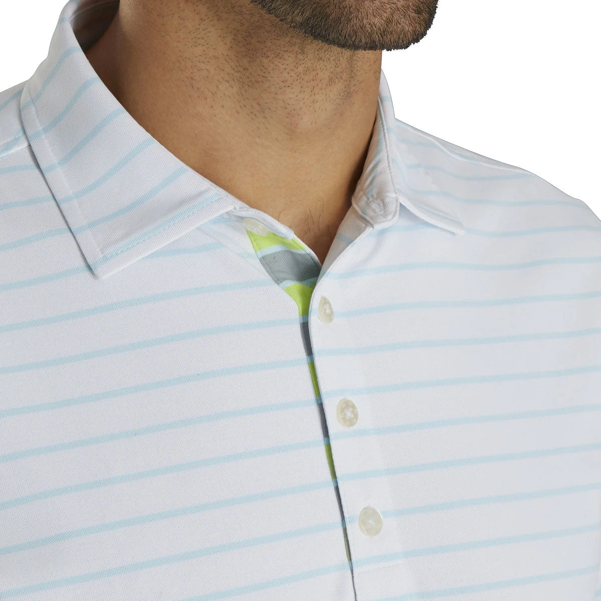 FootJoy Pique Mixed Stripe Self Collar White-Ice Blue Mens Golf Polo 3 FootJoy Pique Mixed Stripe Self Collar White-Ice Blue Mens Golf Polo - Image 3