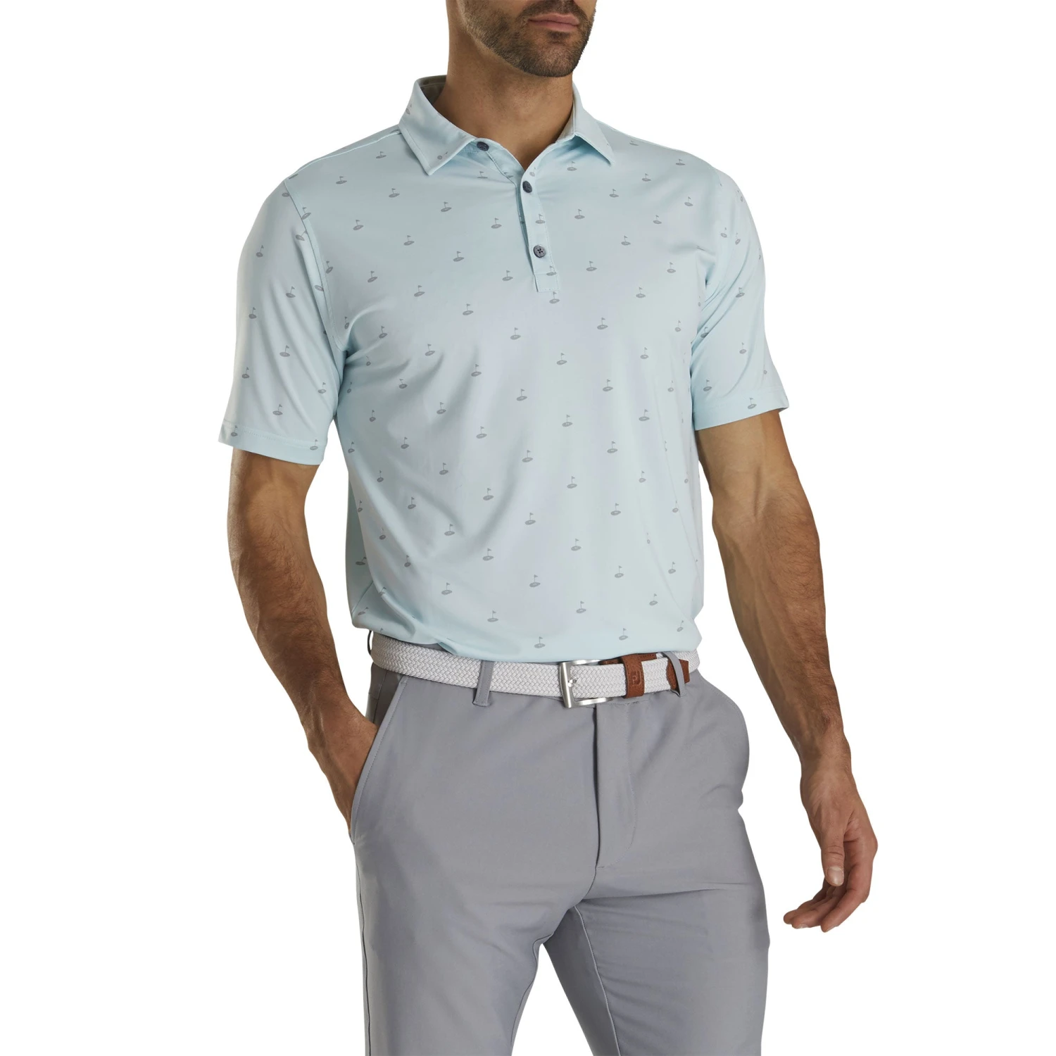 FootJoy Athletic Fit Lisle Golf Print Ice Blue Mens Golf Polo 1 FootJoy Athletic Fit Lisle Golf Print Ice Blue Mens Golf Polo