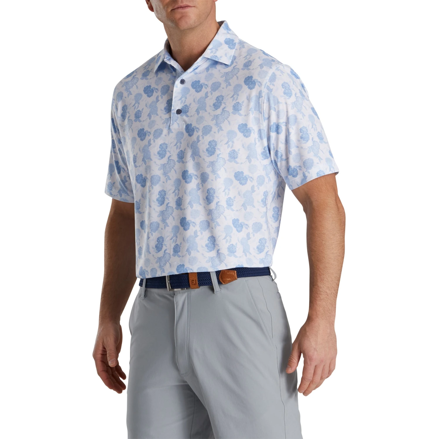 FootJoy Lisle Vintage Floral Print Sky Mens Golf Polo 1 FootJoy Lisle Vintage Floral Print Sky Mens Golf Polo