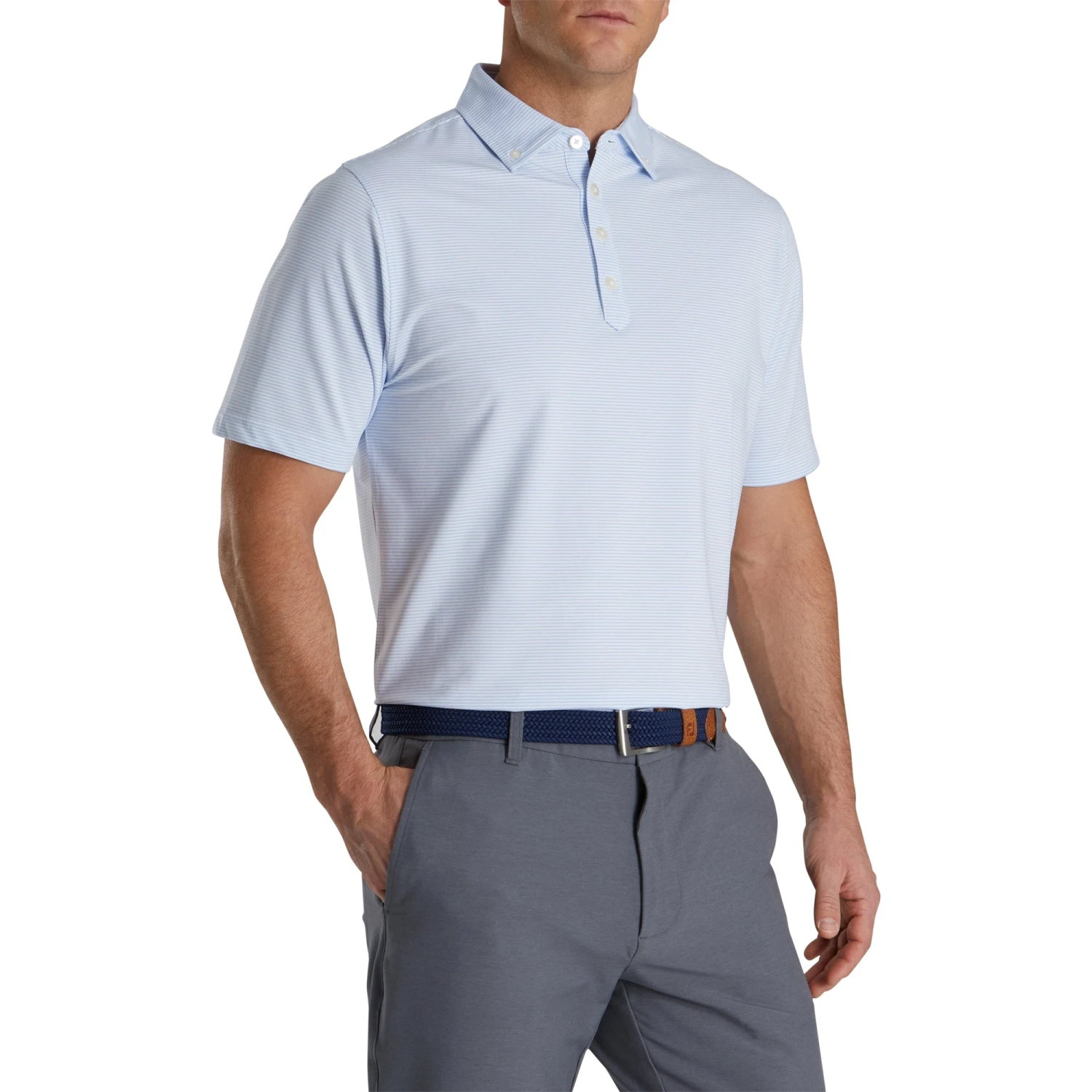 FootJoy Lisle Feeder Stripe Sky Mens Golf Polo 1 FootJoy Lisle Feeder Stripe Sky Mens Golf Polo
