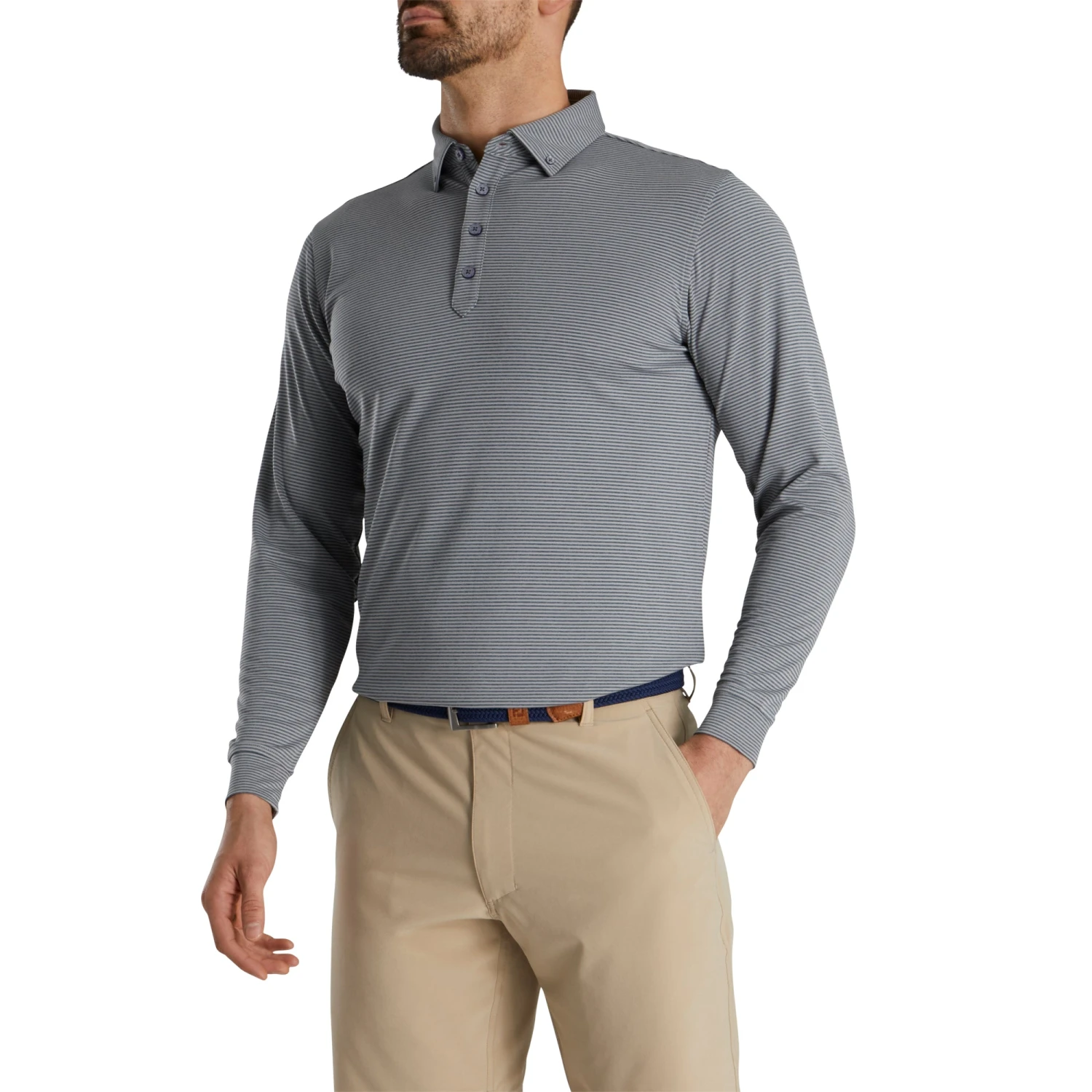 FootJoy Feeder Stripe Jersey Heather Smoke Mens Longsleeve Golf Polo 1 FootJoy Feeder Stripe Jersey Heather Smoke Mens Longsleeve Golf Polo