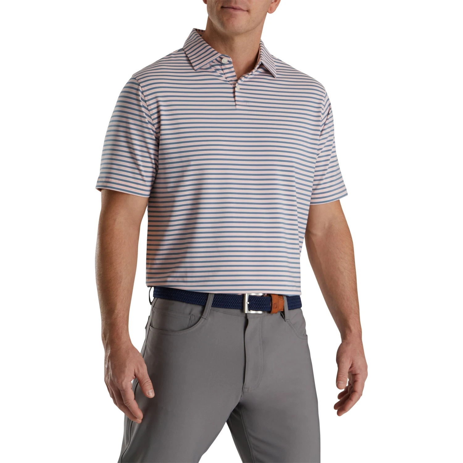 FootJoy Mini Regimental Stripe Lisle Quartz Pink Mens Golf Polo 1 FootJoy Mini Regimental Stripe Lisle Quartz Pink Mens Golf Polo